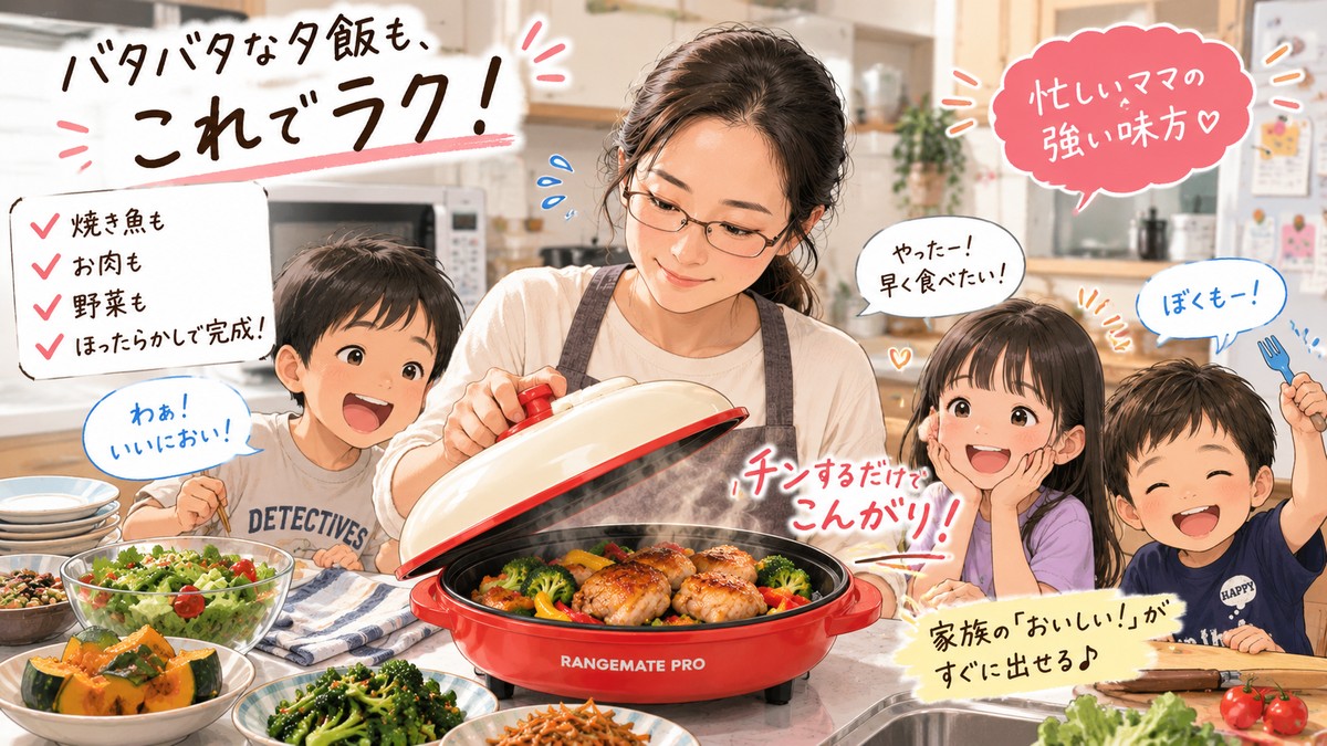 レンジメートProで調理した料理を家族で楽しむイラスト